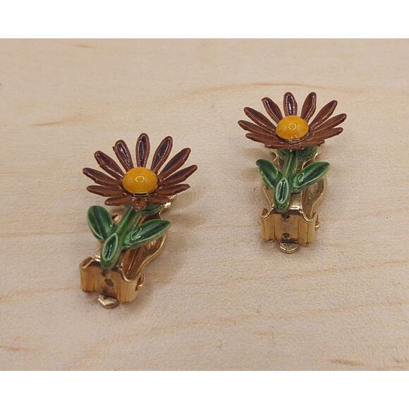 JEWELRY Vintage Brown Daisy Clip-on Earrings Bouquet Retro 60's - Picture 1 of 2